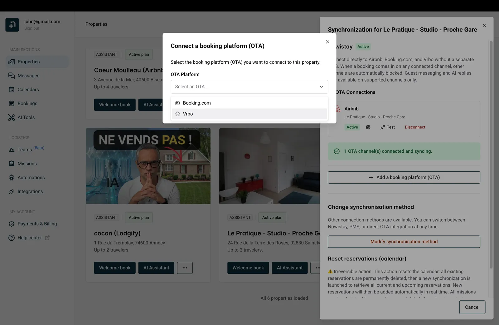 Dialog zum Verbinden einer Buchungsplattform mit Vrbo im Dropdown OTA-Plattform