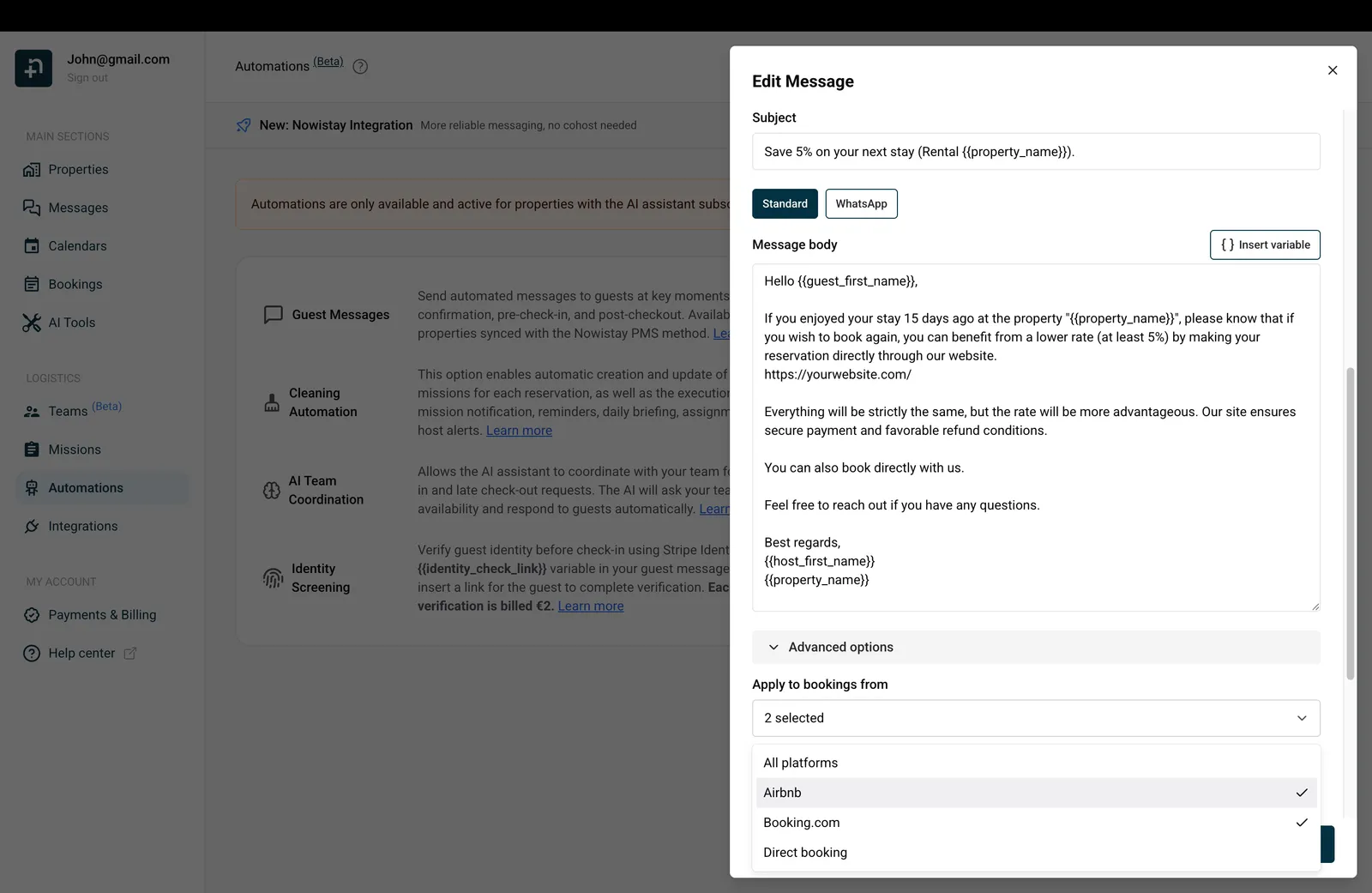 Message template with personalization variables and platform filter set to Airbnb and Booking.com