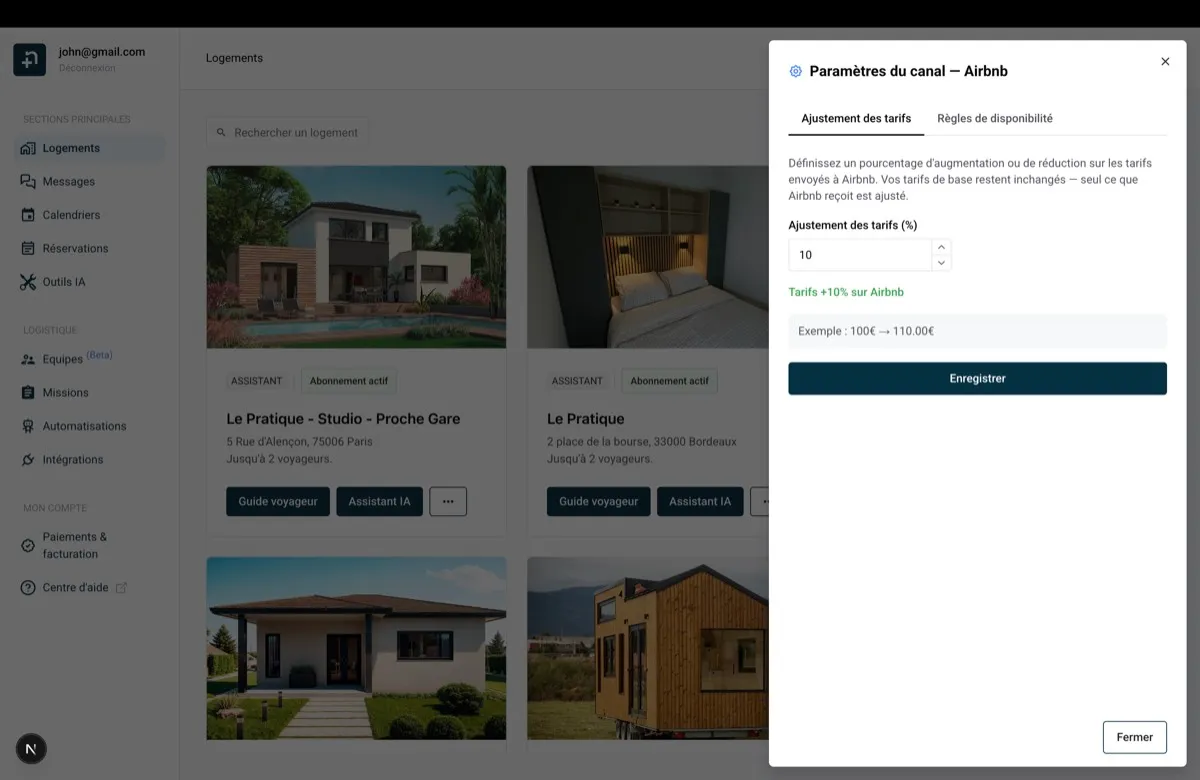 Boîte de dialogue des paramètres du canal Nowistay montrant l'onglet Ajustement des tarifs avec une augmentation de 10 pourcent pour Airbnb