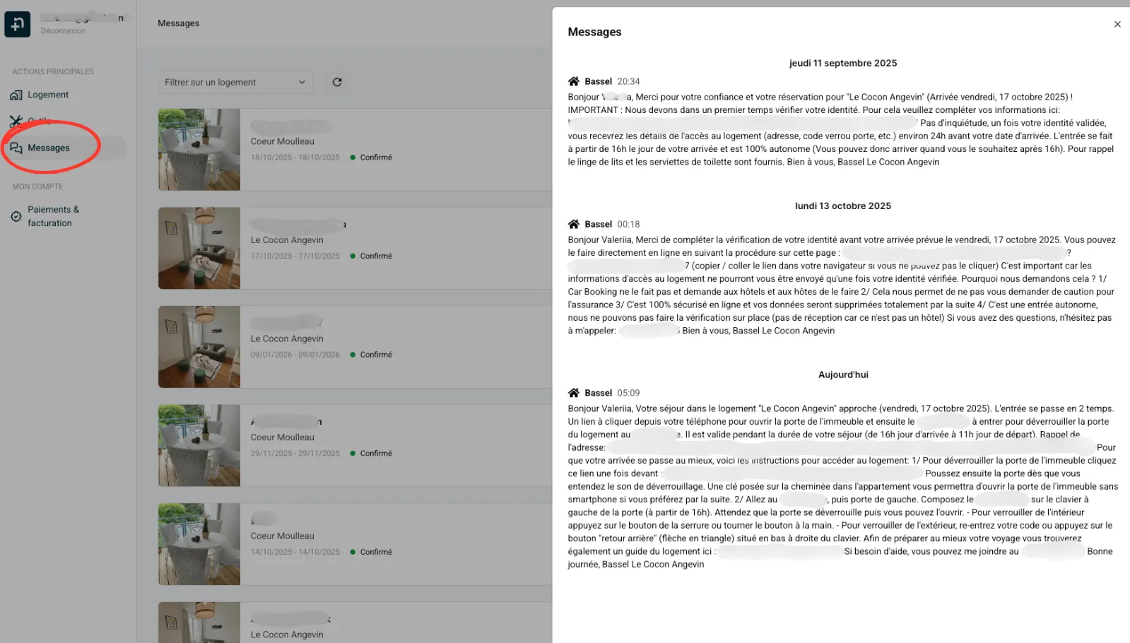 Interface page <strong>Messages</strong> de Nowistay
