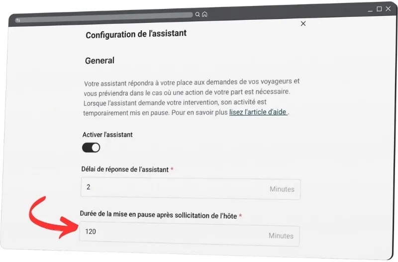 Panneau de configuration de la durée de pause de l'Assistant IA