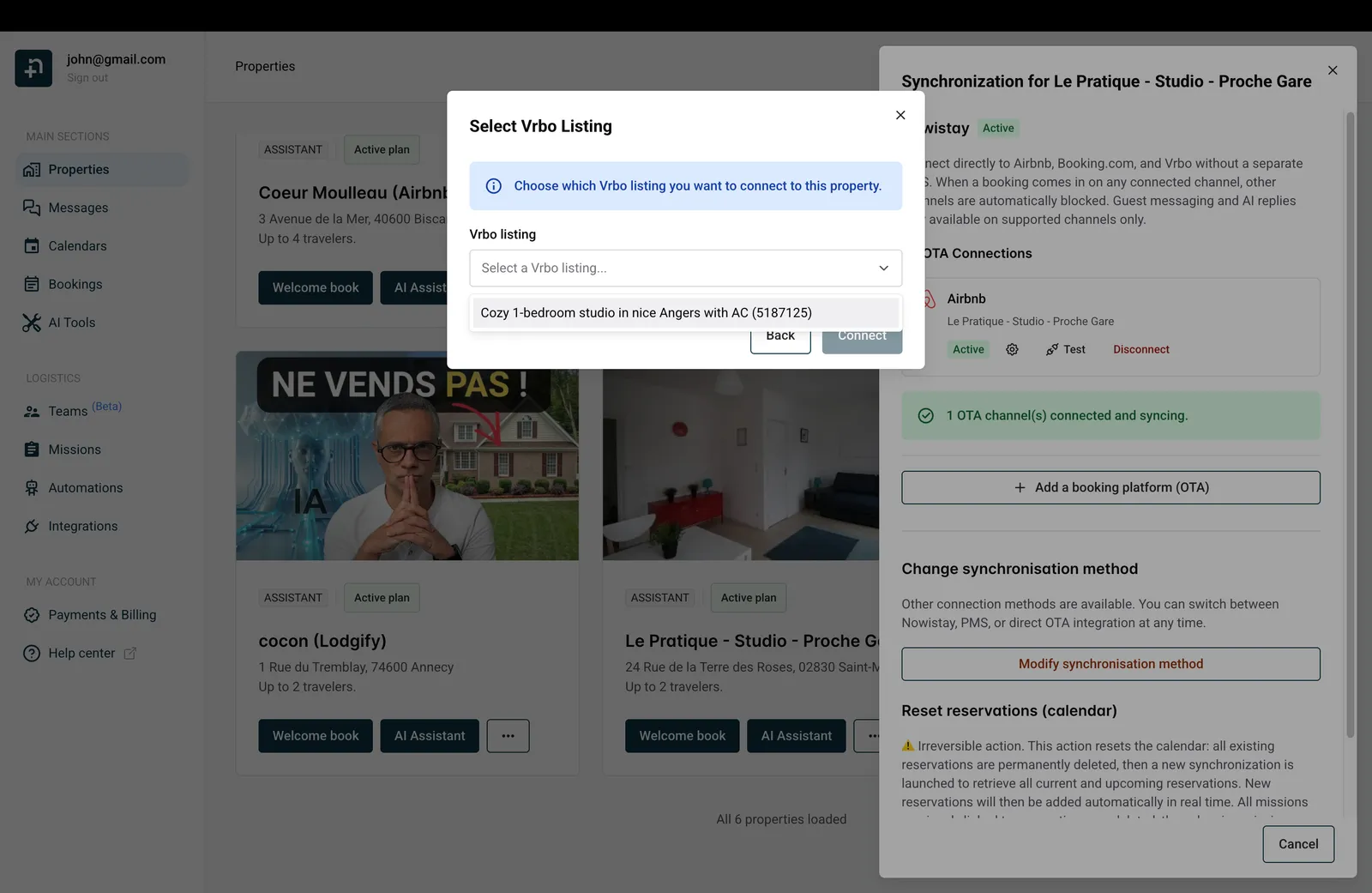 Dialog zur Auswahl des Vrbo-Inserats mit geöffnetem Dropdown