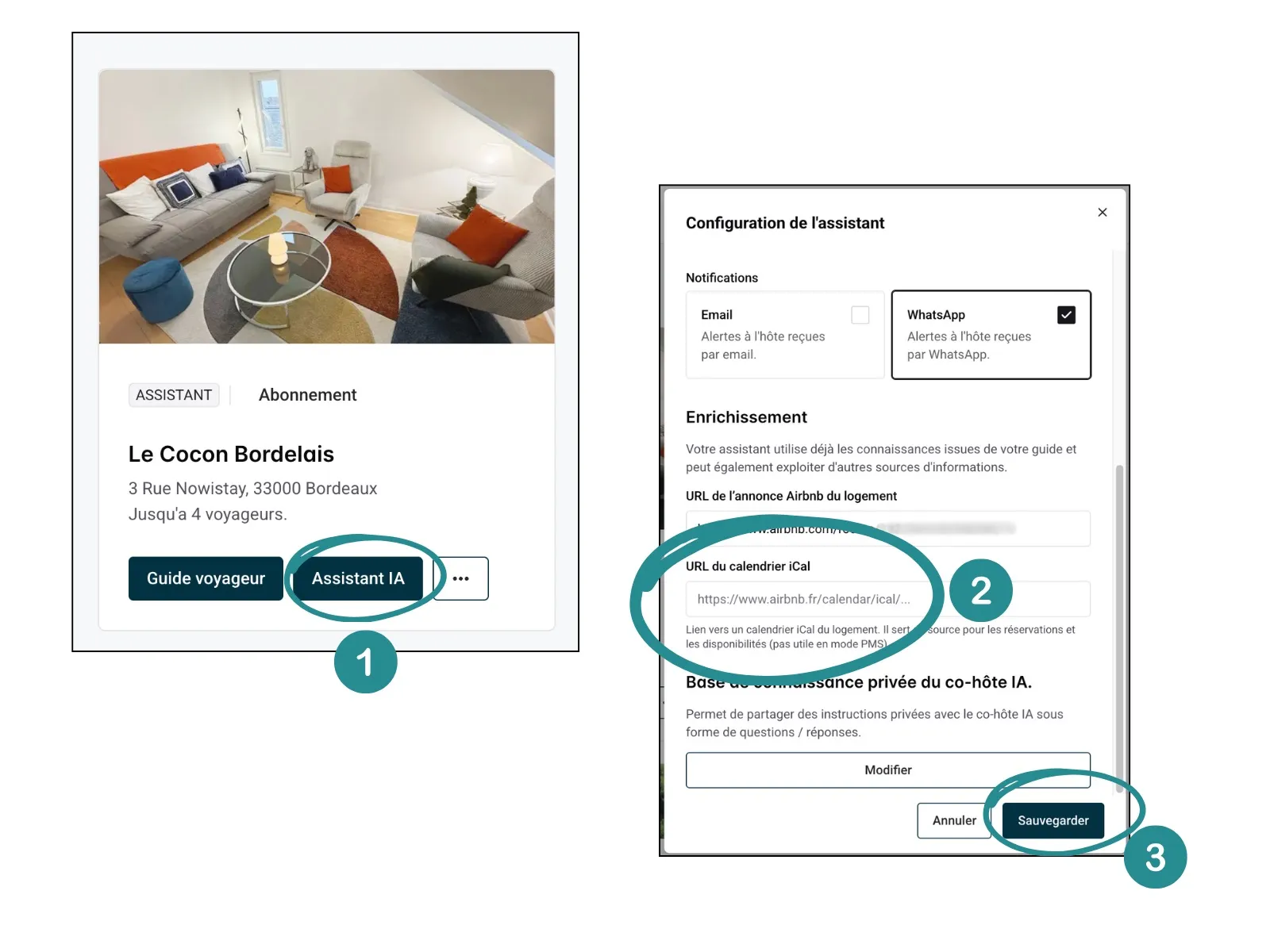Paramètres Nowistay montrant où coller l'URL du calendrier iCal