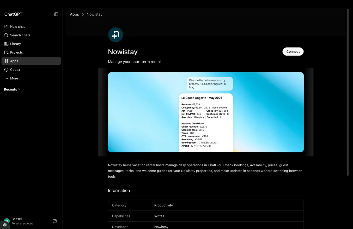 La página de la aplicación Nowistay en ChatGPT con el botón Connect