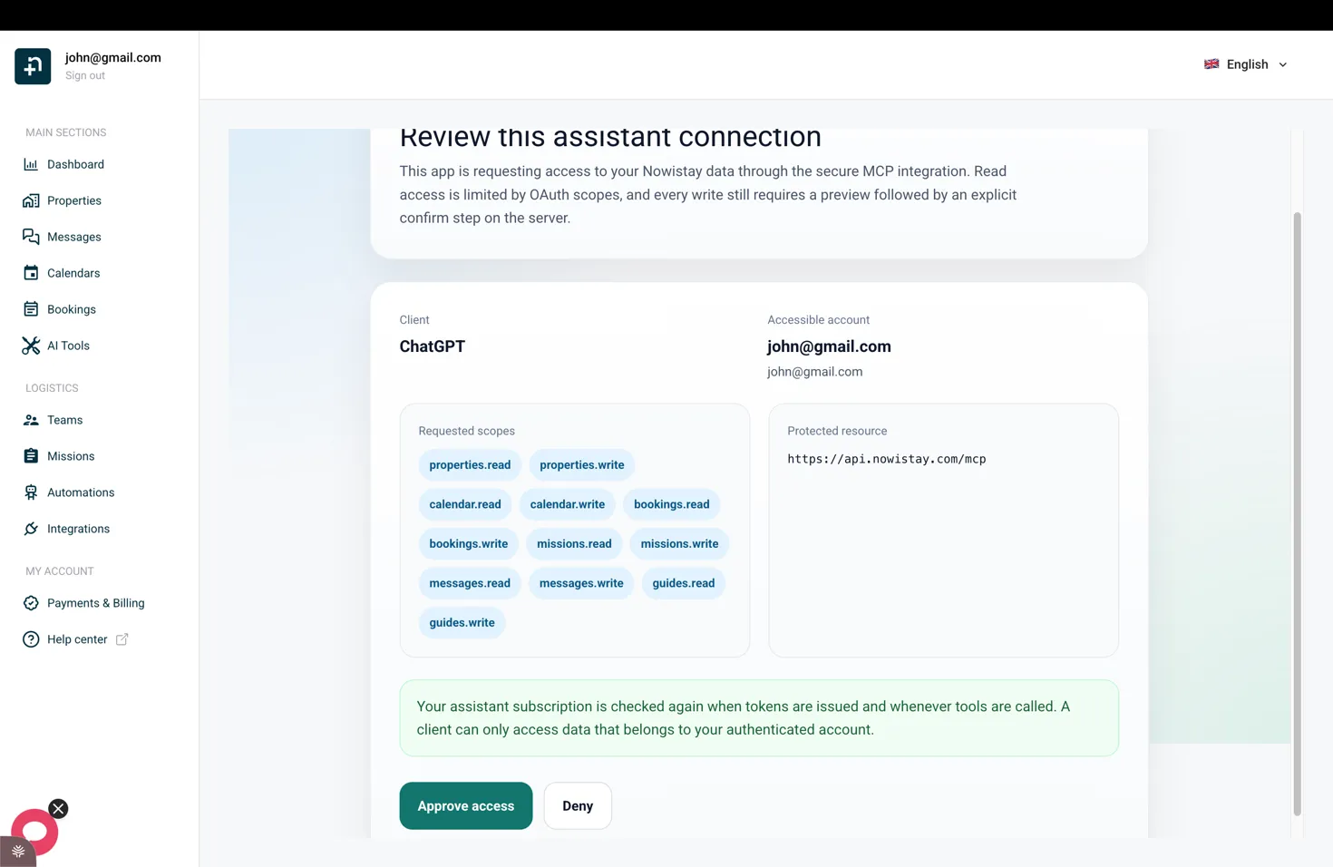La pantalla de revisión de la conexión del asistente de Nowistay con los permisos solicitados y el botón Autorizar acceso