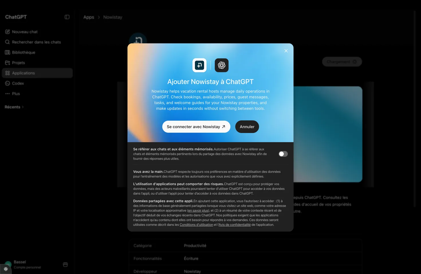 La fenêtre Ajouter Nowistay à ChatGPT avec le bouton Se connecter avec Nowistay