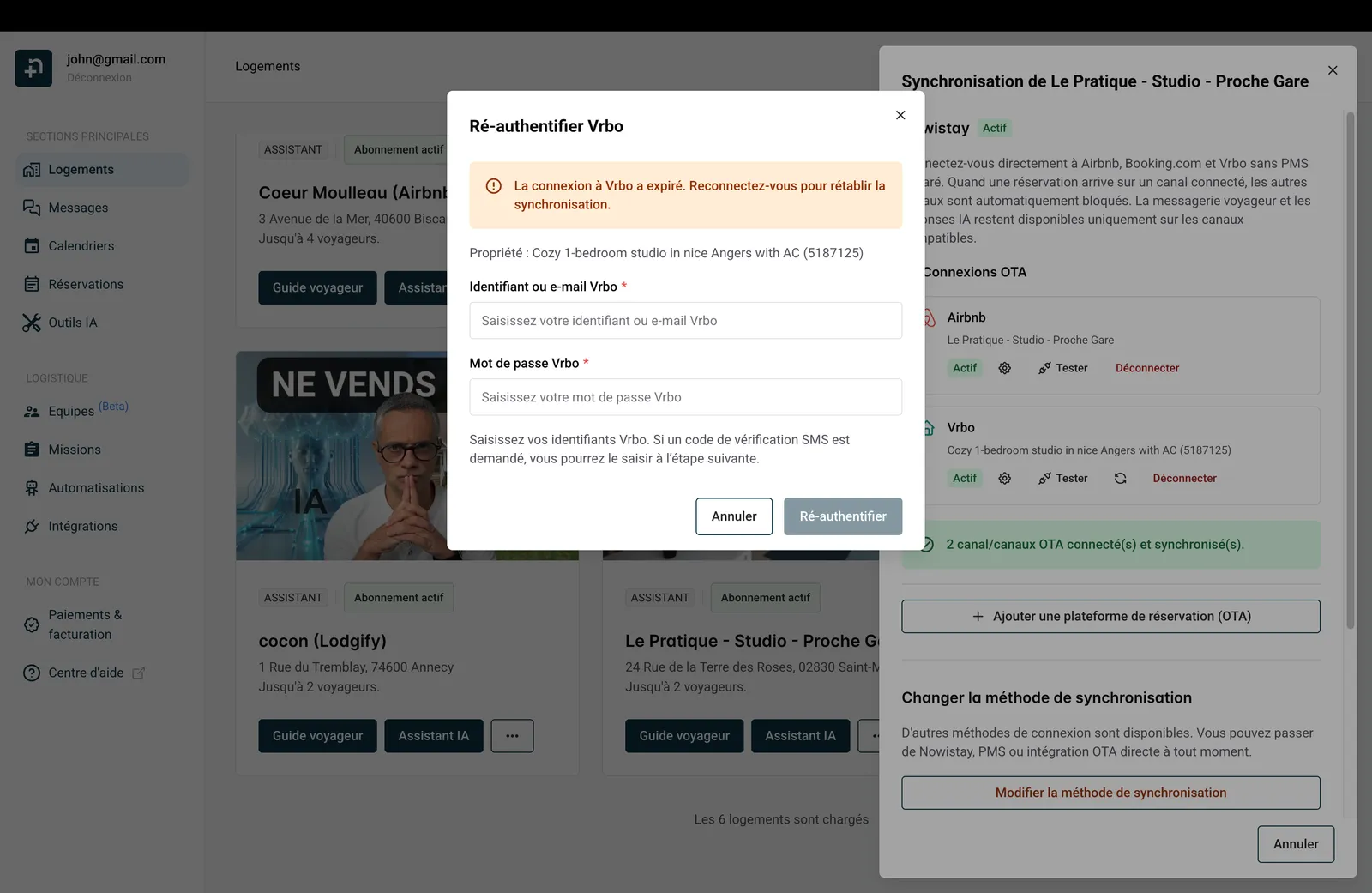 Fenêtre Ré-authentifier Vrbo montrant les champs d’identifiants et le bouton Ré-authentifier