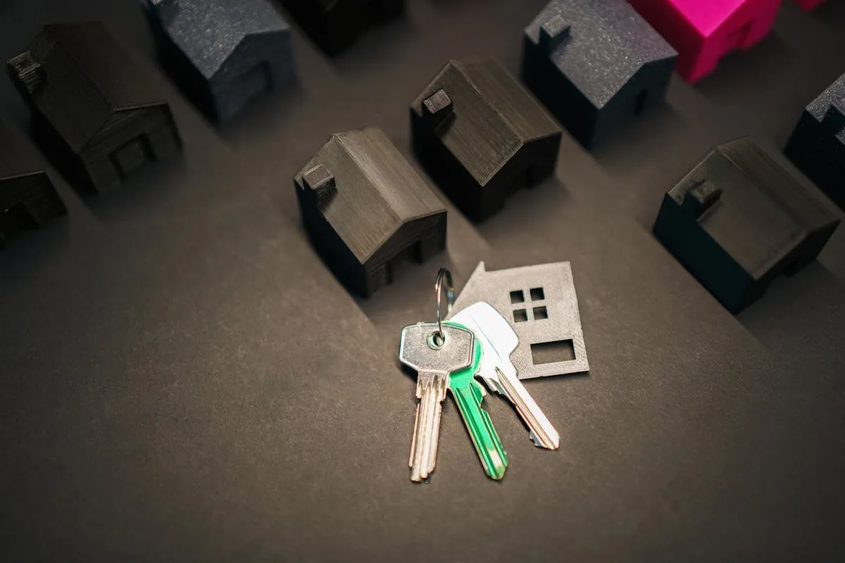 Concept d'investissement immobilier avec clé et maquettes de maisons
