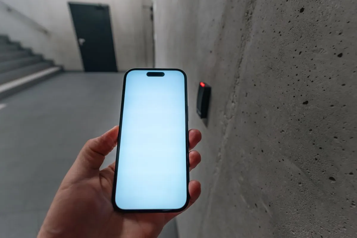 Gast met een smartphone naast een toegangslezer in het trappenhuis van een gebouw