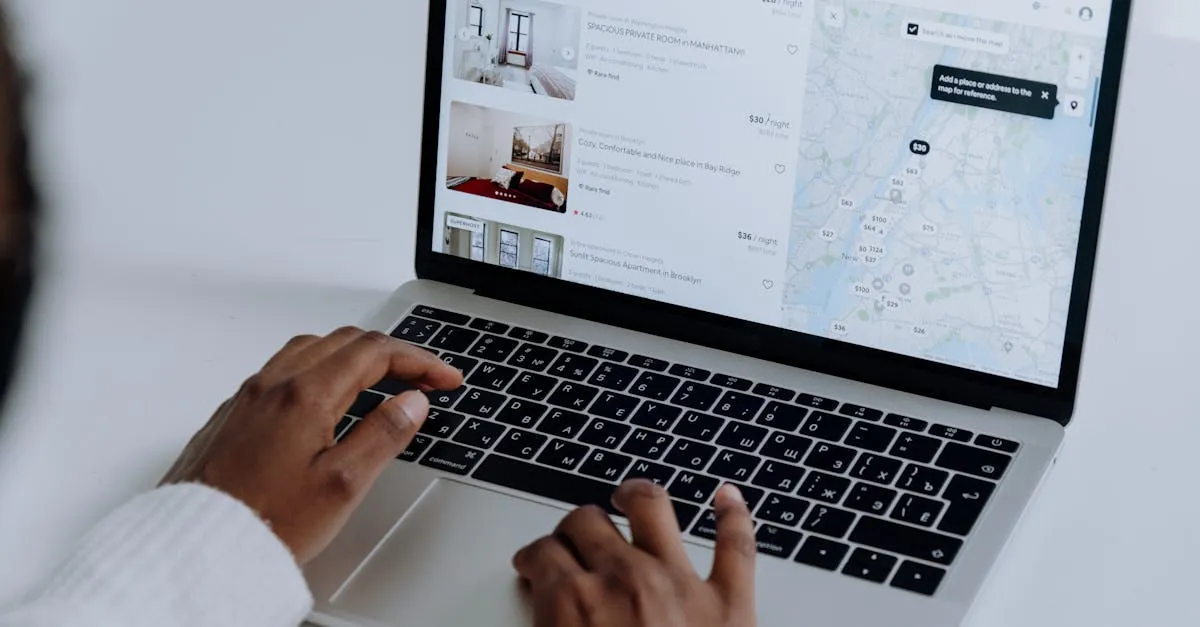Hands typing on laptop searching Airbnb for accommodation options with map view. - Picture by cottonbro studio