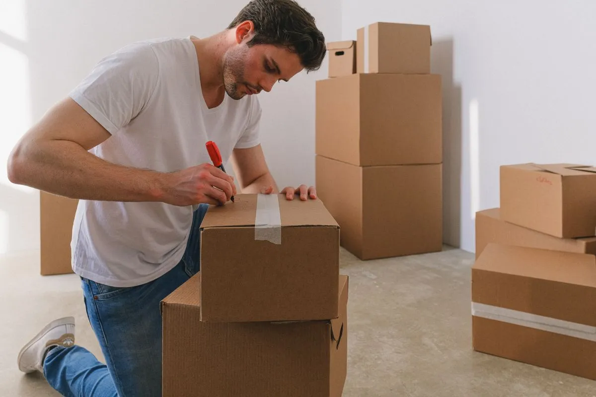 Homme étiquetant des cartons de déménagement, image d'une conciergerie qui migre de Smily vers un autre PMS