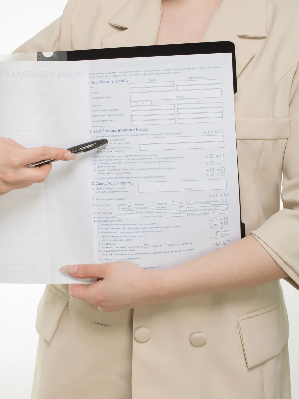 Insurance professional presenting coverage options to a host