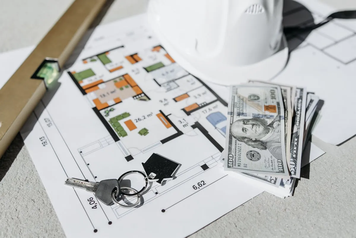 Argent et clés sur un plan de maison