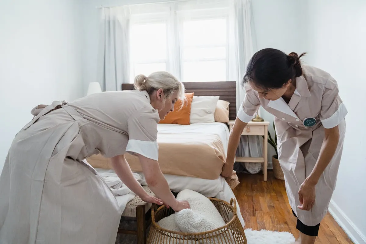 Professional vacation rental cleaning team coordinating tasks