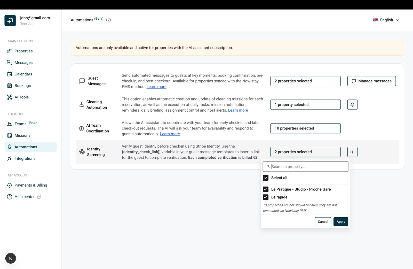 Pagina Automatiseringen met Identiteitscontrole en de geopende accommodatiekiezer
