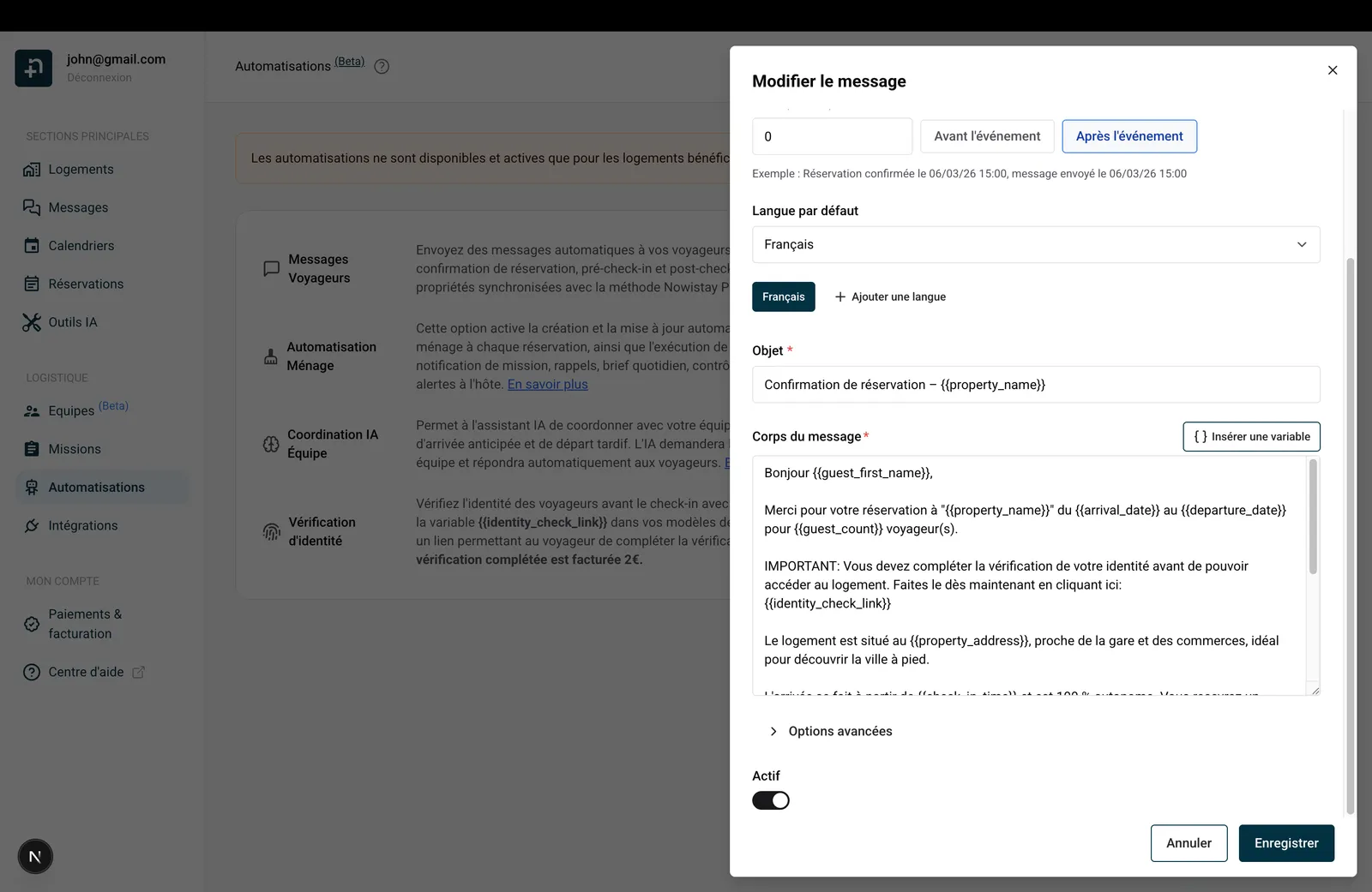 Dialogue de modification du message avec la variable identity_check_link dans le corps du message