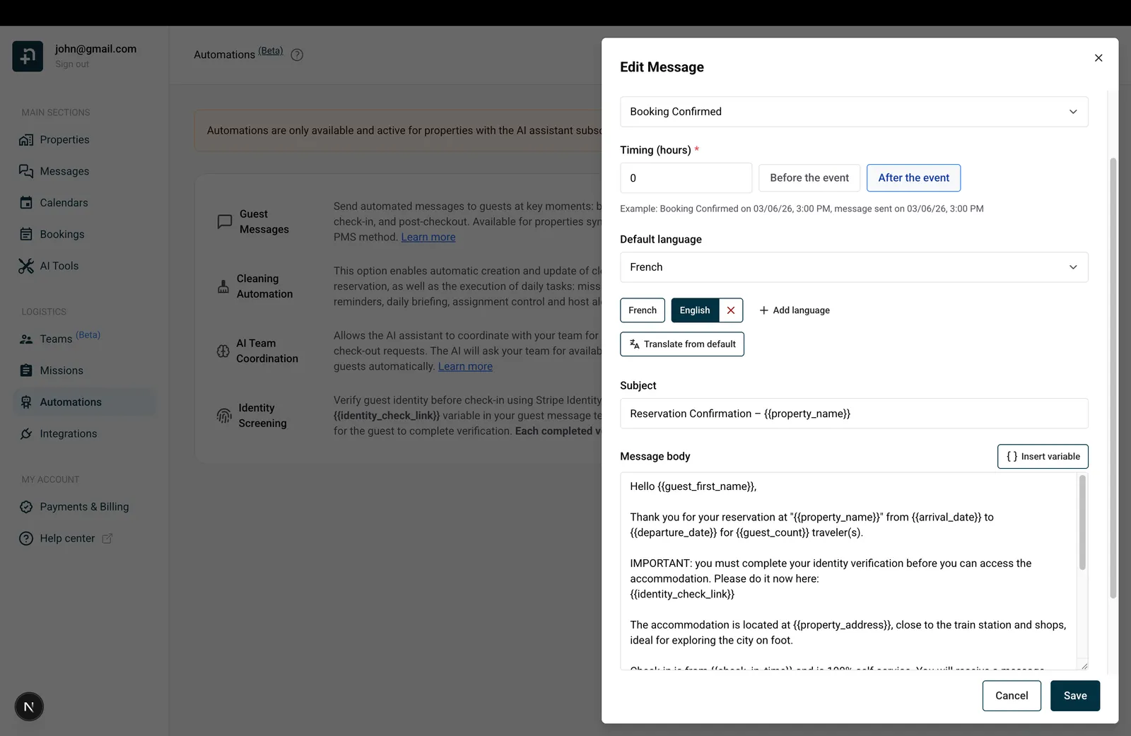 Venster Bericht bewerken met het sjabloon Reservering bevestigd en de variabele identity_check_link in de berichttekst