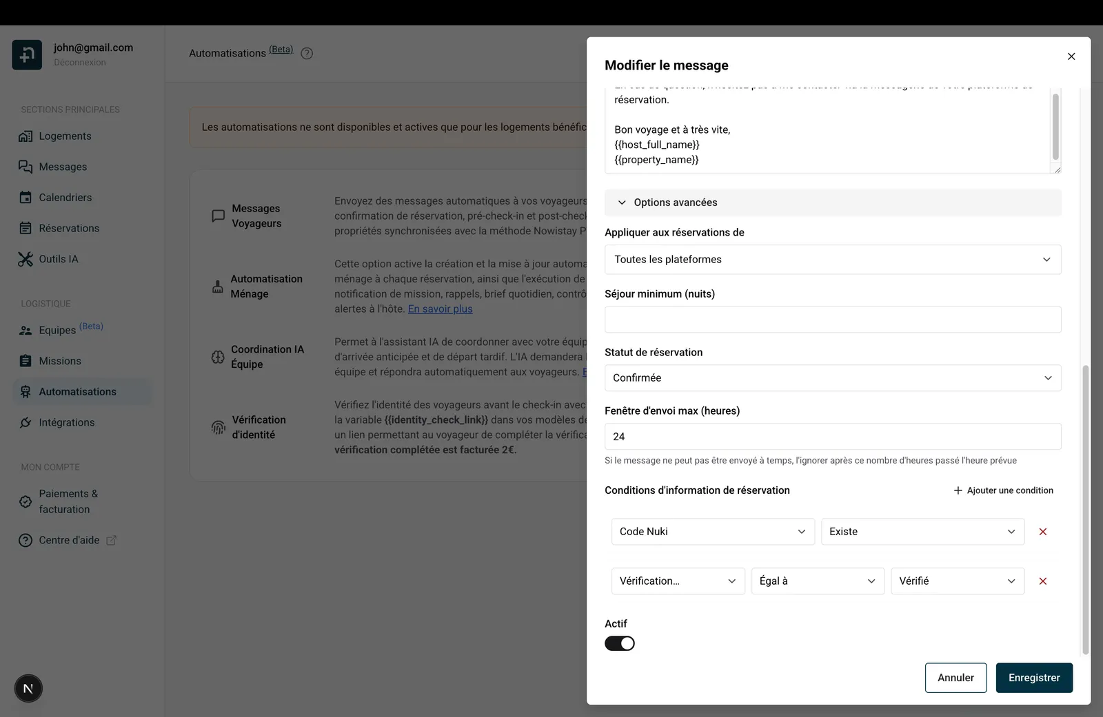 Options avancées du message avec condition Vérification d'identité égal à Vérifié
