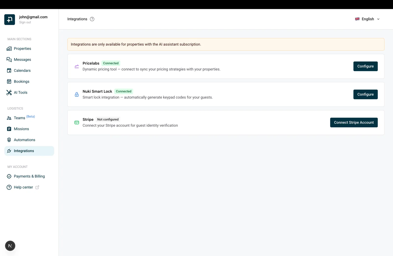 Page Intégrations de Nowistay montrant Stripe non configuré avec le bouton Connecter un compte Stripe
