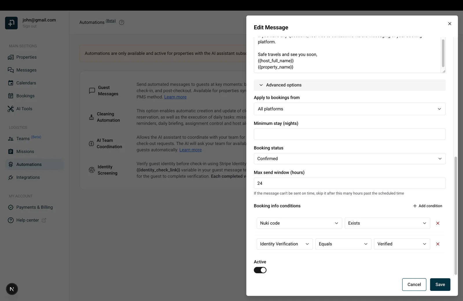 Venster Bericht bewerken met Geavanceerde opties en de voorwaarde Identiteitsverificatie is gelijk aan Geverifieerd