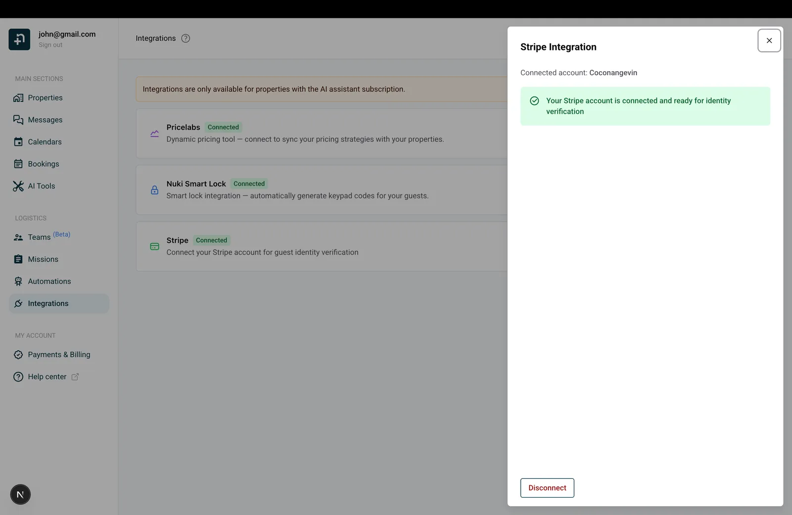 Panneau d'intégration Stripe montrant le message de confirmation de connexion
