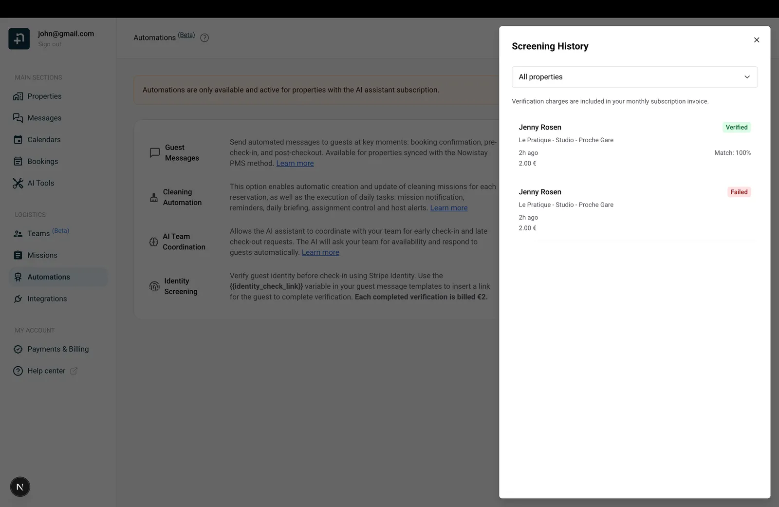 Paneel Controlegeschiedenis met geverifieerde en mislukte verificatieresultaten