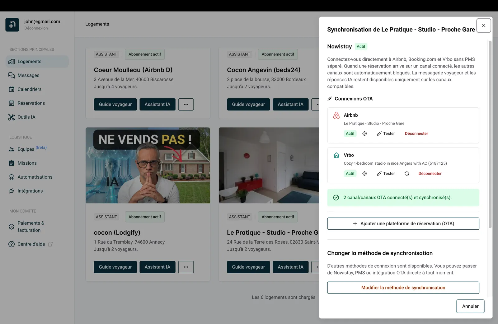 Panneau de synchronisation montrant Vrbo connecté avec le statut Actif