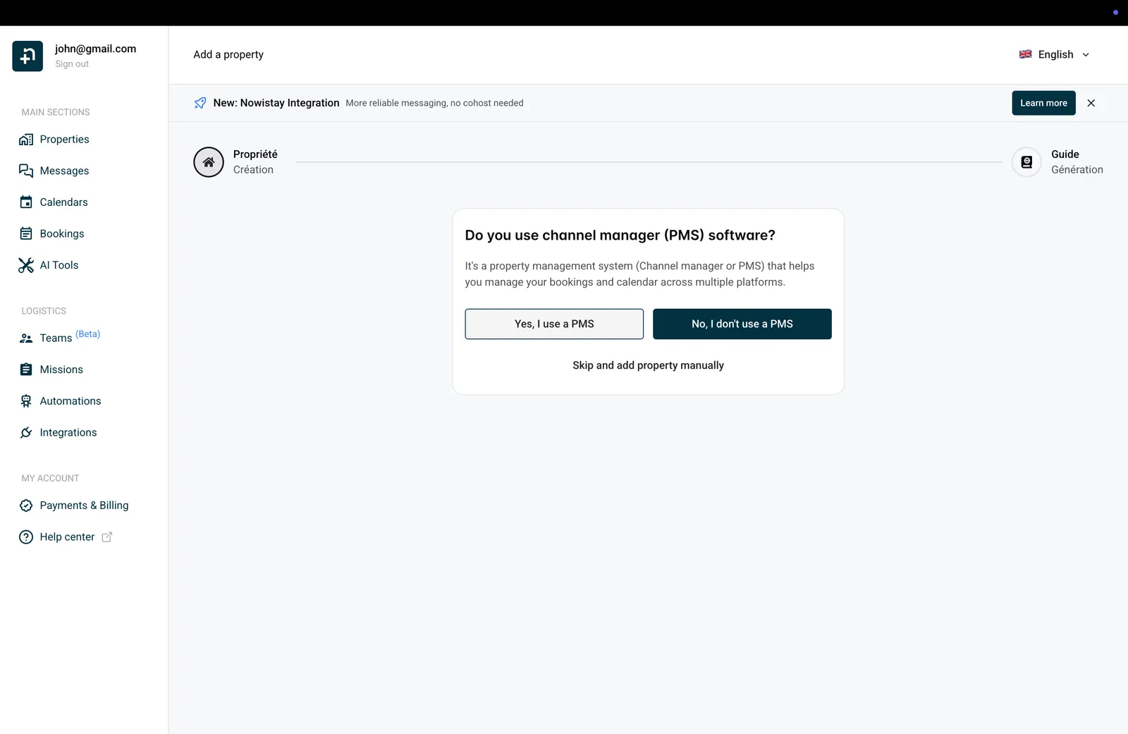 Nowistay-Assistent fragt, ob Sie ein PMS verwenden