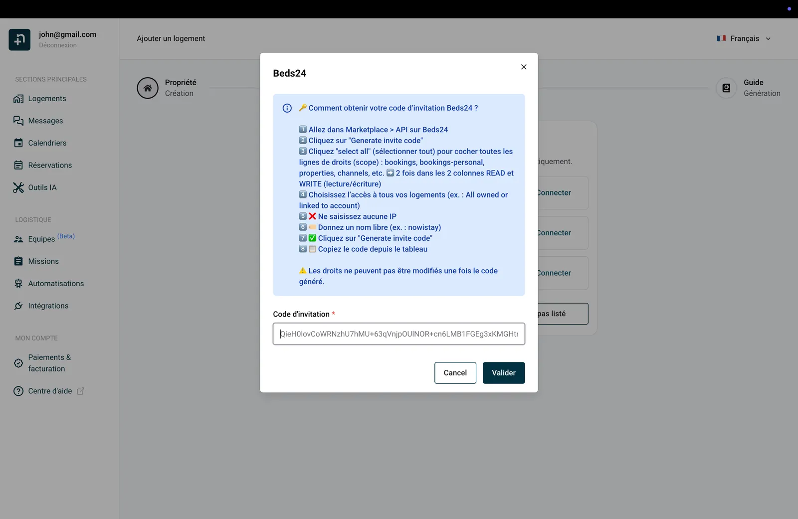 Collez votre code d'invitation Beds24 et validez