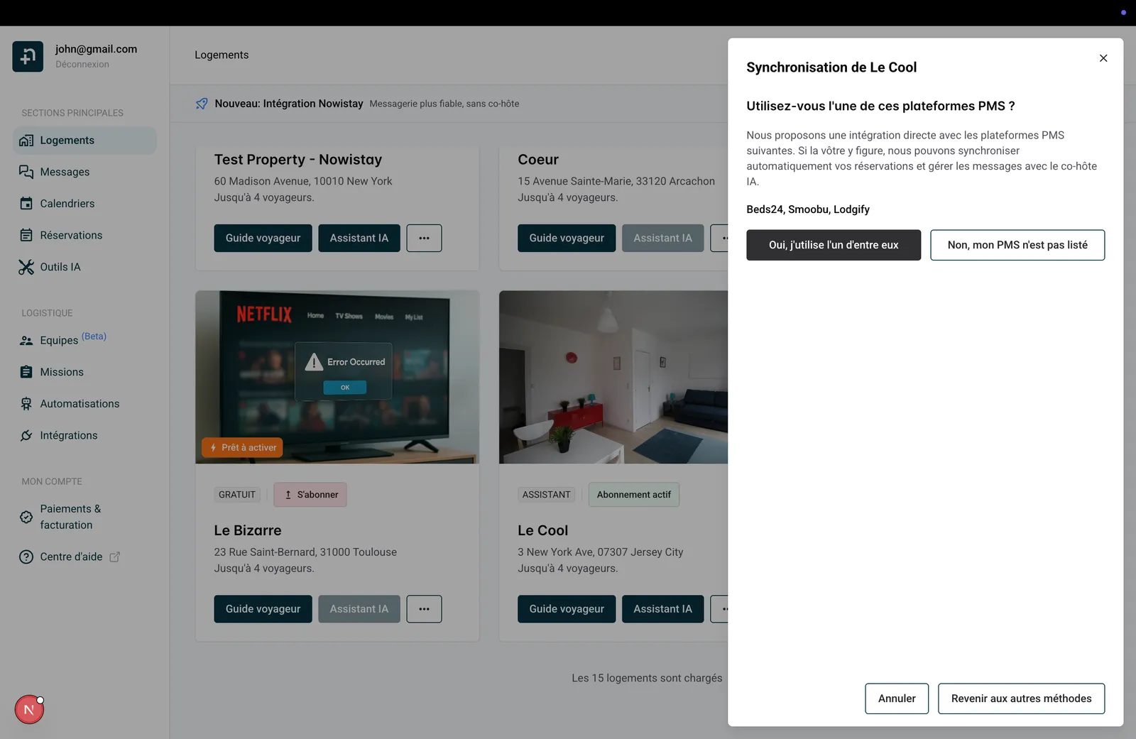 Sélectionnez votre plateforme PMS dans la liste
