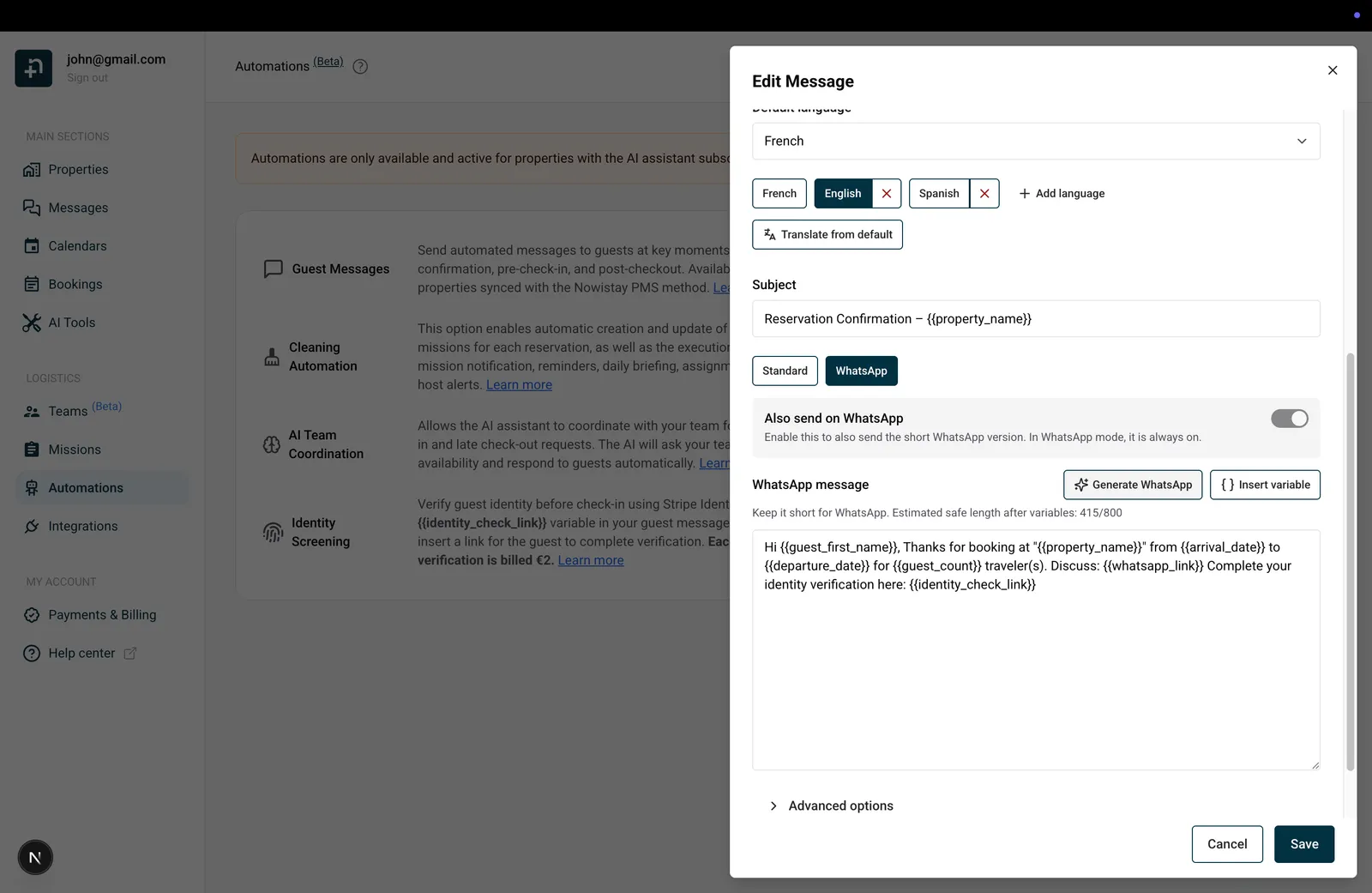Scheda WhatsApp dell'editor dei modelli con il pulsante Genera WhatsApp e l'area di testo del messaggio