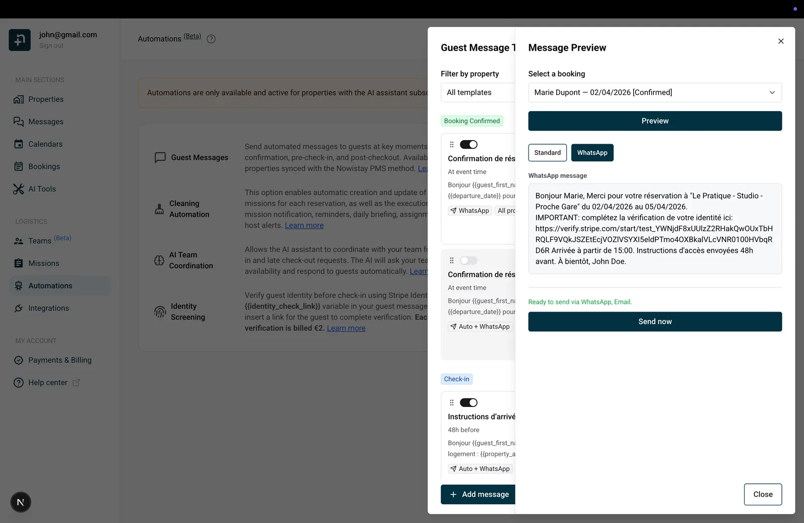 Pannello di anteprima del messaggio con la scheda WhatsApp, le variabili risolte e il pulsante Invia ora