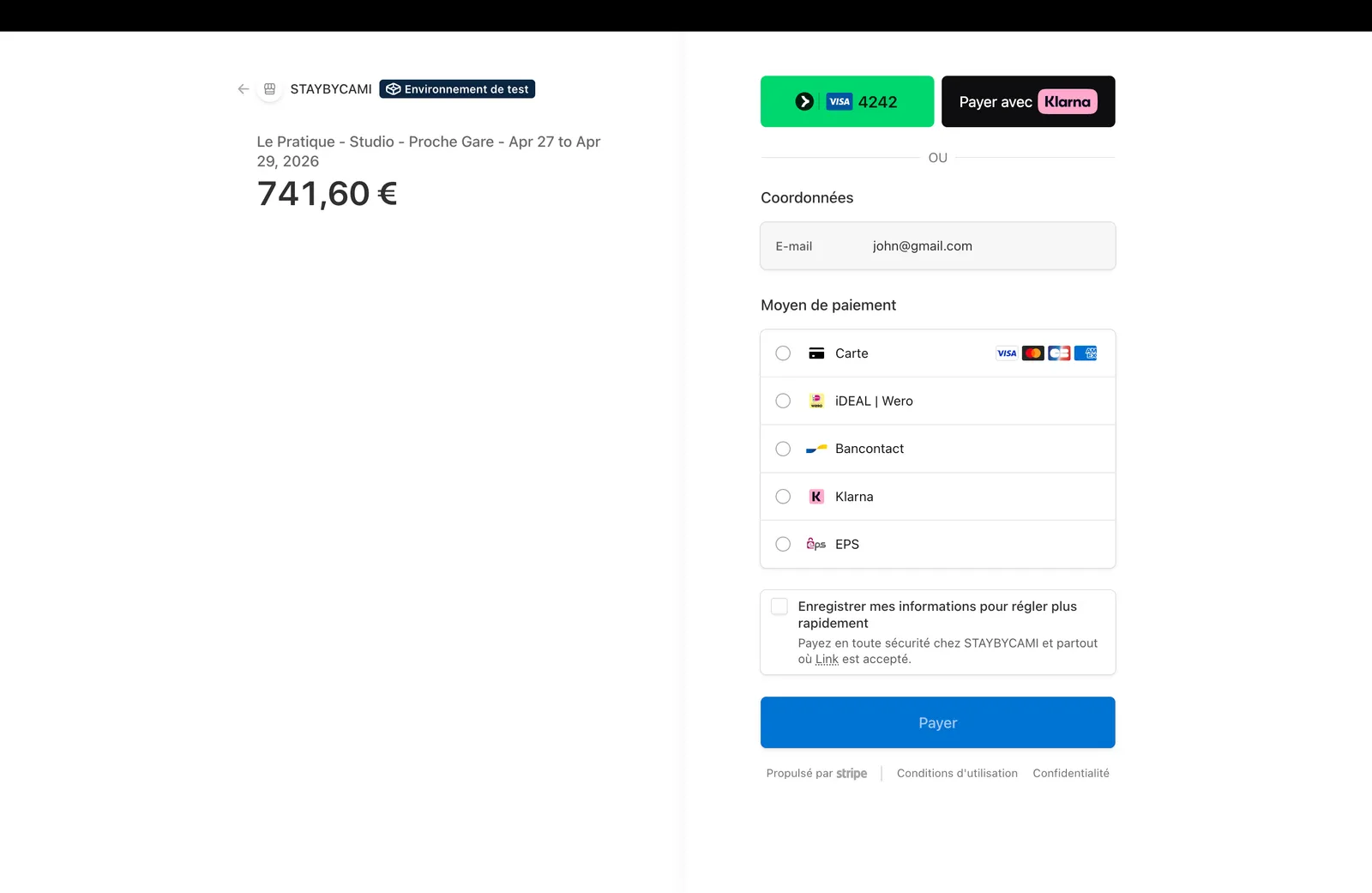 Stripe-Checkout-Seite mit Zahlungsmethoden