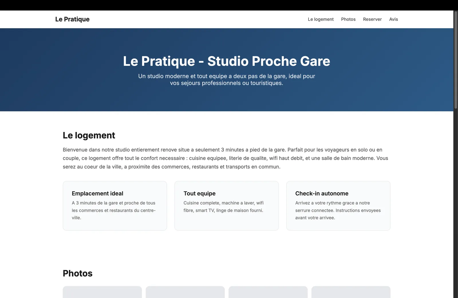 Exemple de site web avec le widget de réservation directe intégré