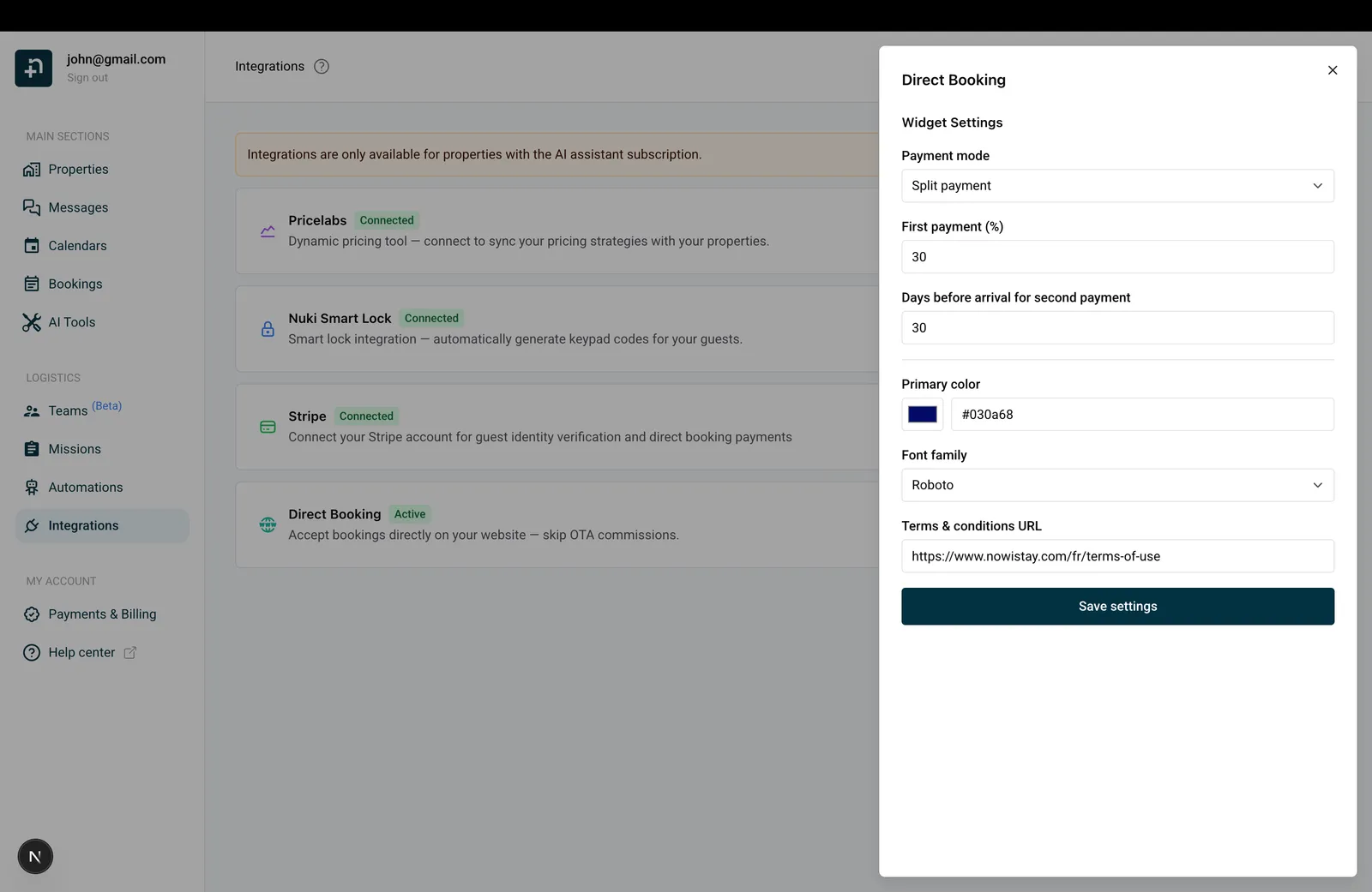 Widget-Einstellungen mit ausgewählter Teilzahlung