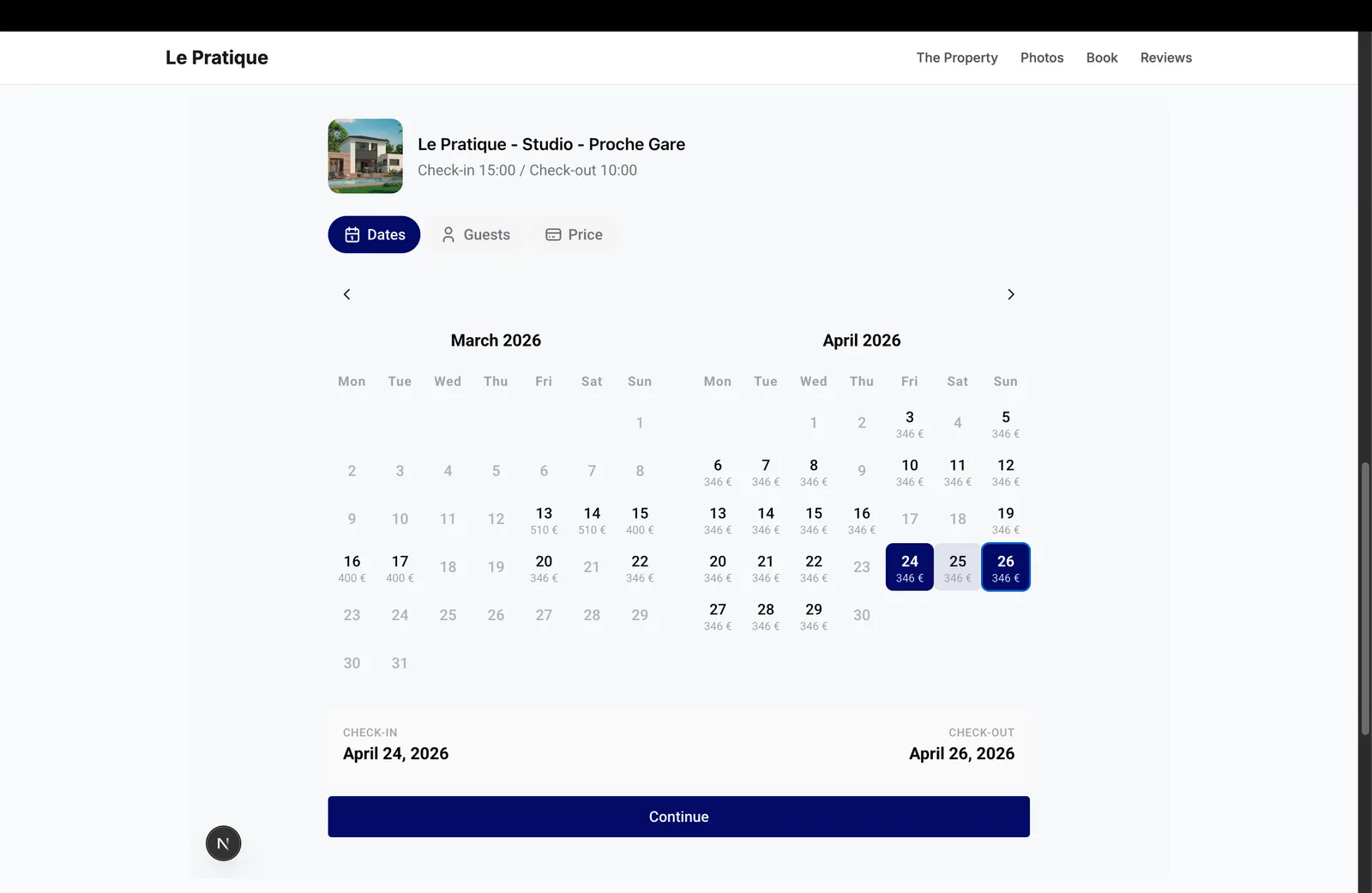 Gewählte Daten mit angezeigtem Check-in und Check-out