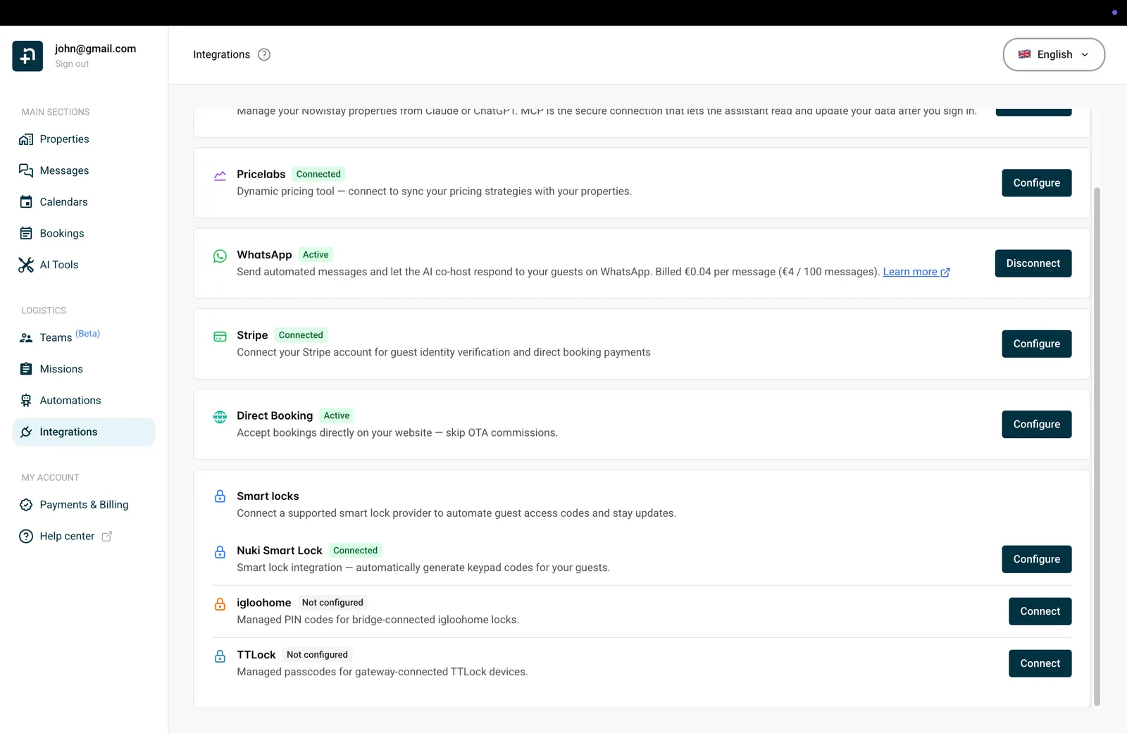 Página de Integraciones de Nowistay con la tarjeta TTLock en Cerraduras inteligentes
