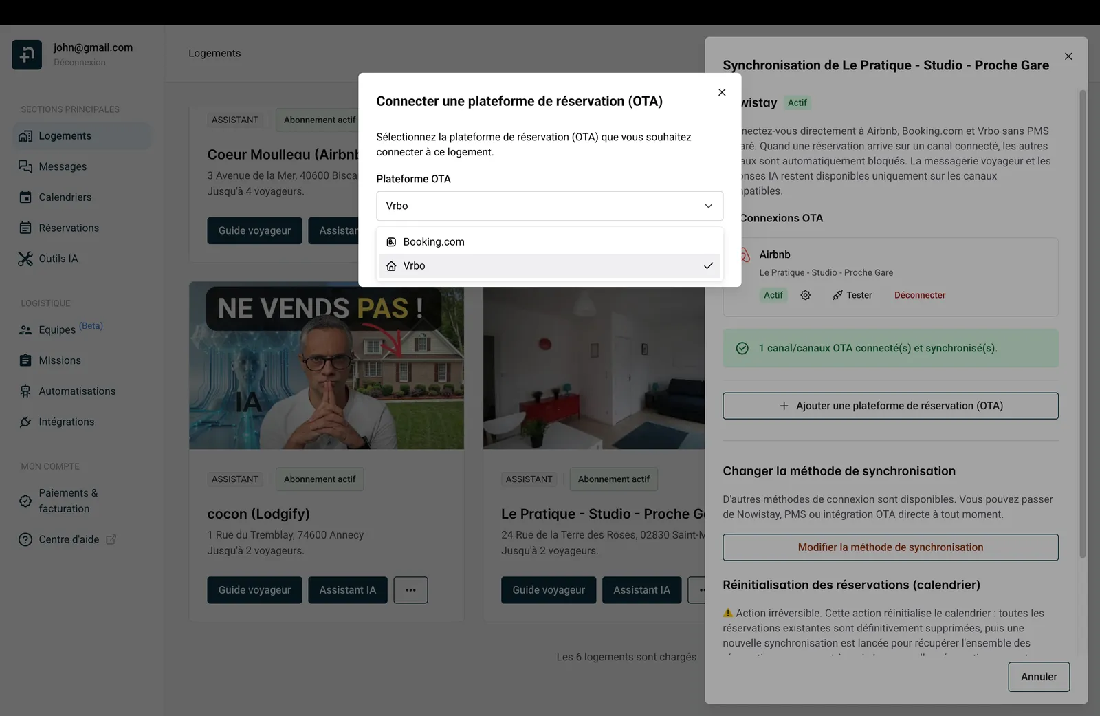 Fenêtre de connexion d’une plateforme de réservation avec Vrbo sélectionné dans le menu déroulant