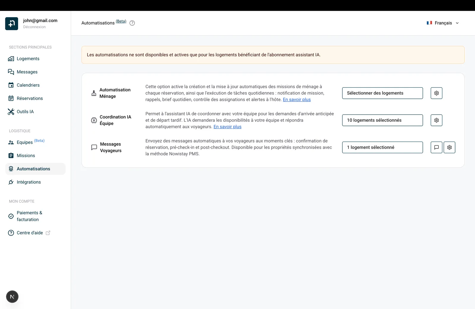 Page Automatisations de Nowistay montrant les trois types d'automatisation : Automatisation Ménage, Coordination IA Équipe et Messages Voyageurs
