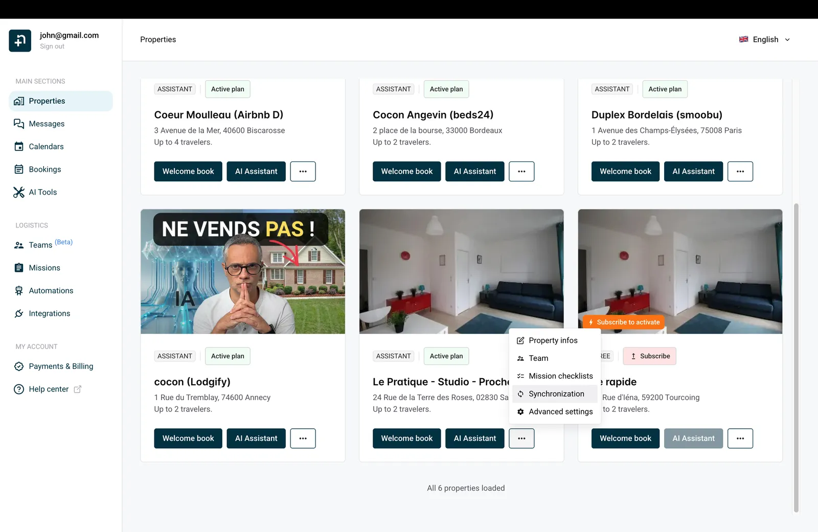 Menü der Unterkunftskarte mit der Option Synchronisierung in Nowistay
