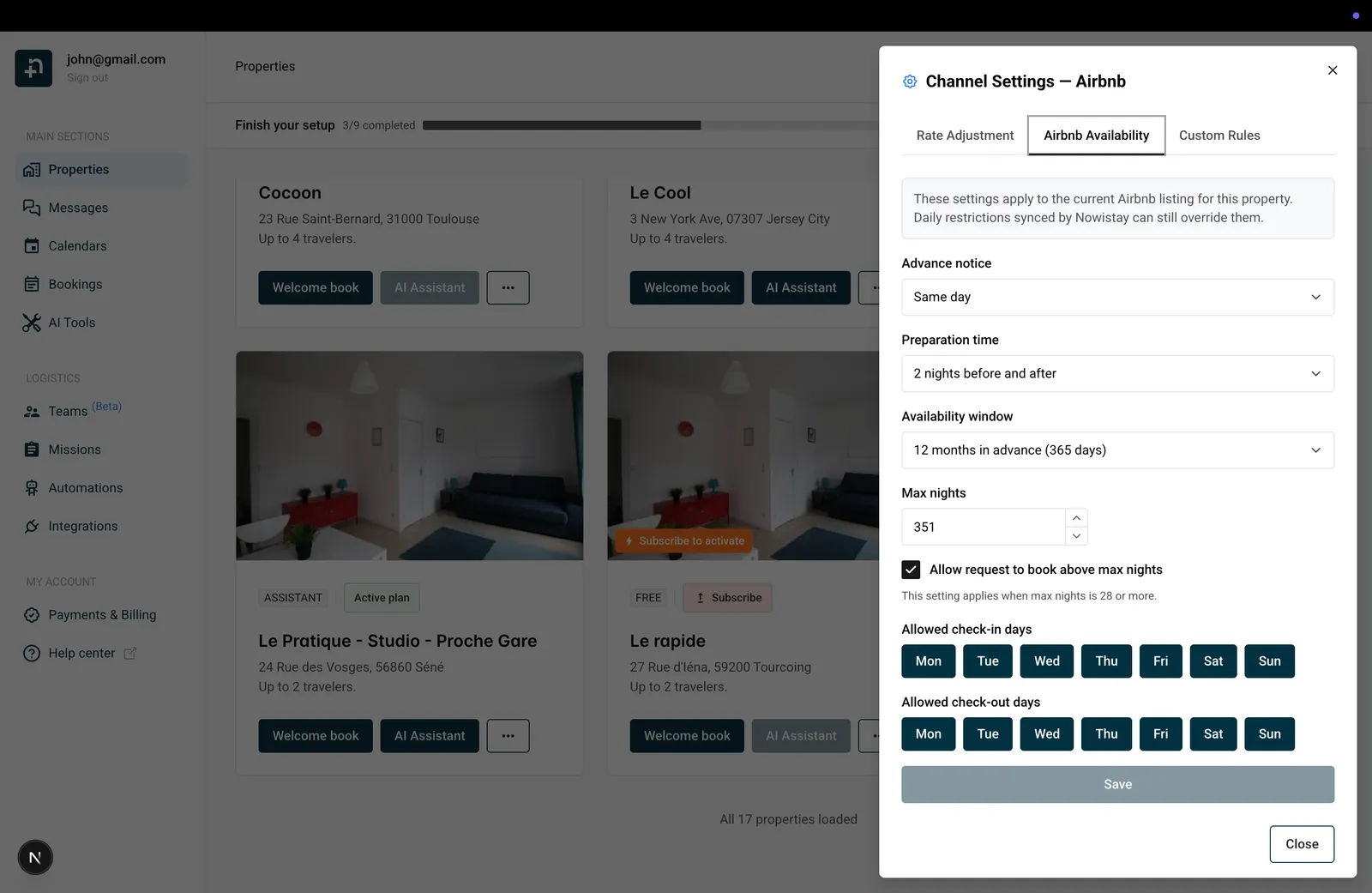 Kanaalinstellingen voor Airbnb met het tabblad Airbnb-beschikbaarheid: aankondigingstermijn, voorbereidingstijd, beschikbaarheidsvenster, max. nachten en toegestane in- en uitcheckdagen