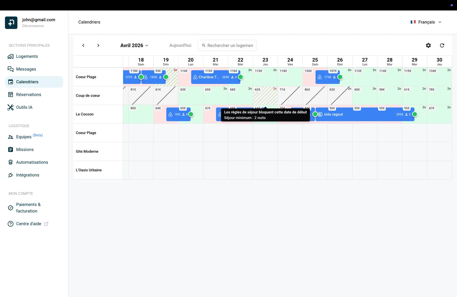 Calendrier montrant une infobulle sur une date restreinte expliquant le séjour minimum de 2 nuits