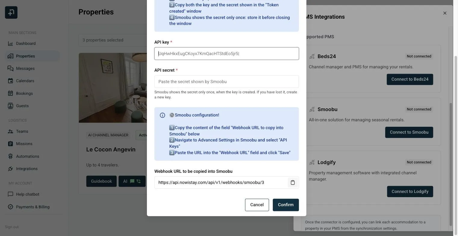 La finestra di connessione a Smoobu in Nowistay con i campi chiave API, secret e URL del webhook