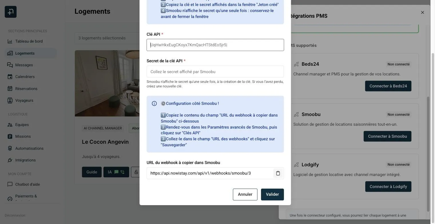 La fenêtre de connexion Smoobu dans Nowistay avec les champs Clé API, Secret de la clé API et URL du webhook