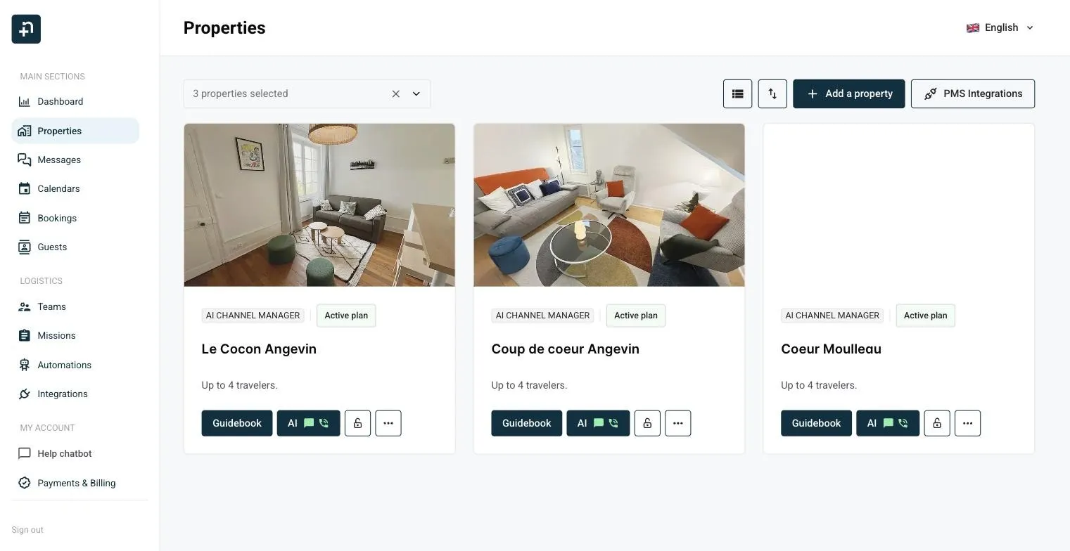 La pagina Alloggi di Nowistay con il pulsante Integrazioni PMS in alto a destra