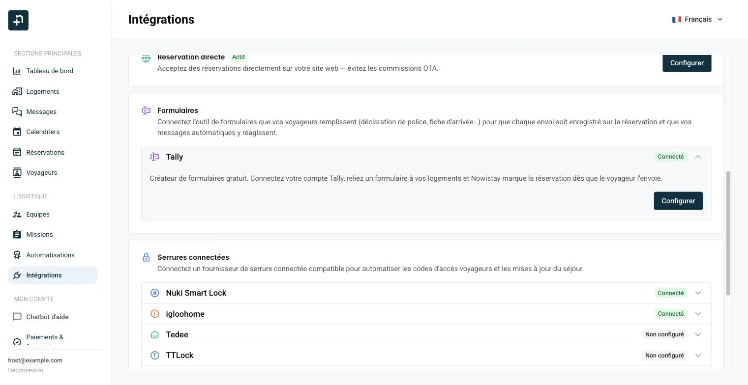 Page Intégrations de Nowistay avec la section Formulaires et la ligne Tally ouverte