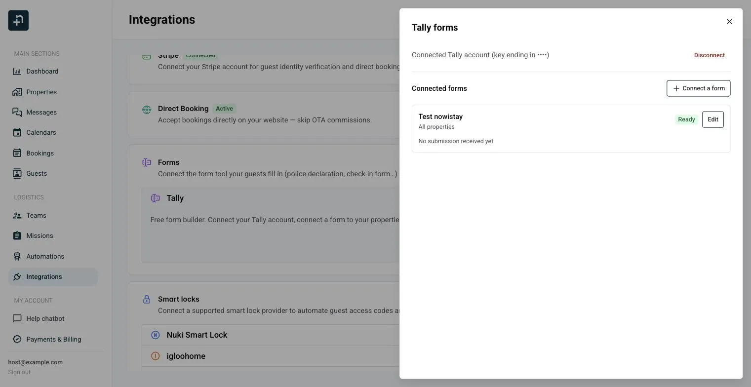 Painel Formulários Tally com a lista dos formulários ligados