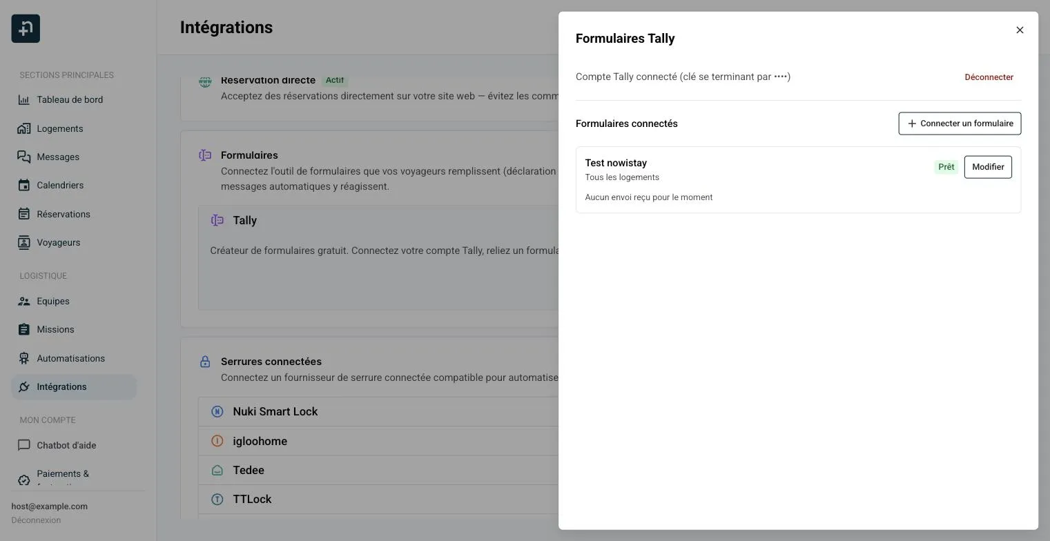 Panneau Formulaires Tally avec la liste des formulaires connectés