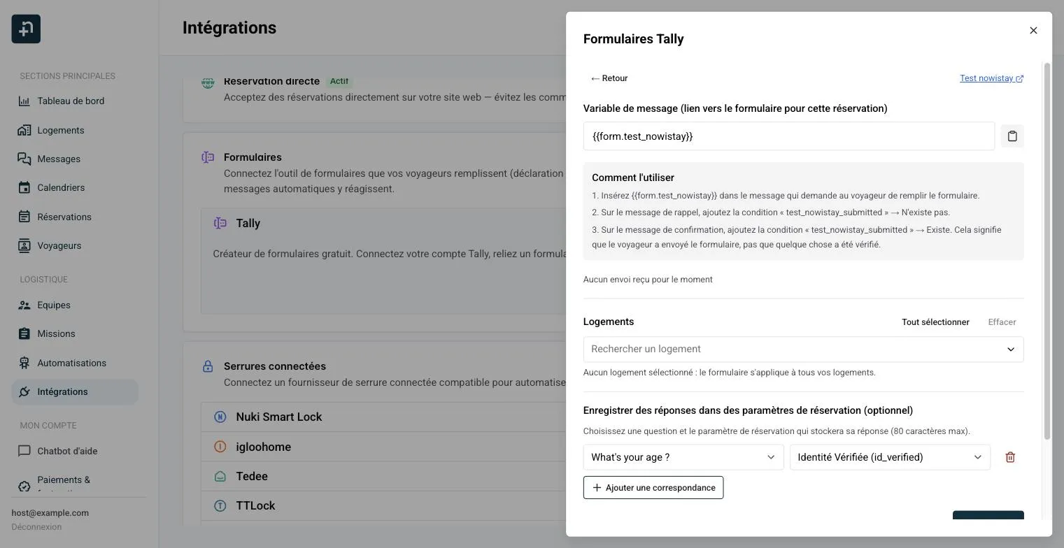 Écran de modification d'un formulaire connecté avec la variable de message, l'encadré Comment l'utiliser et une correspondance de question