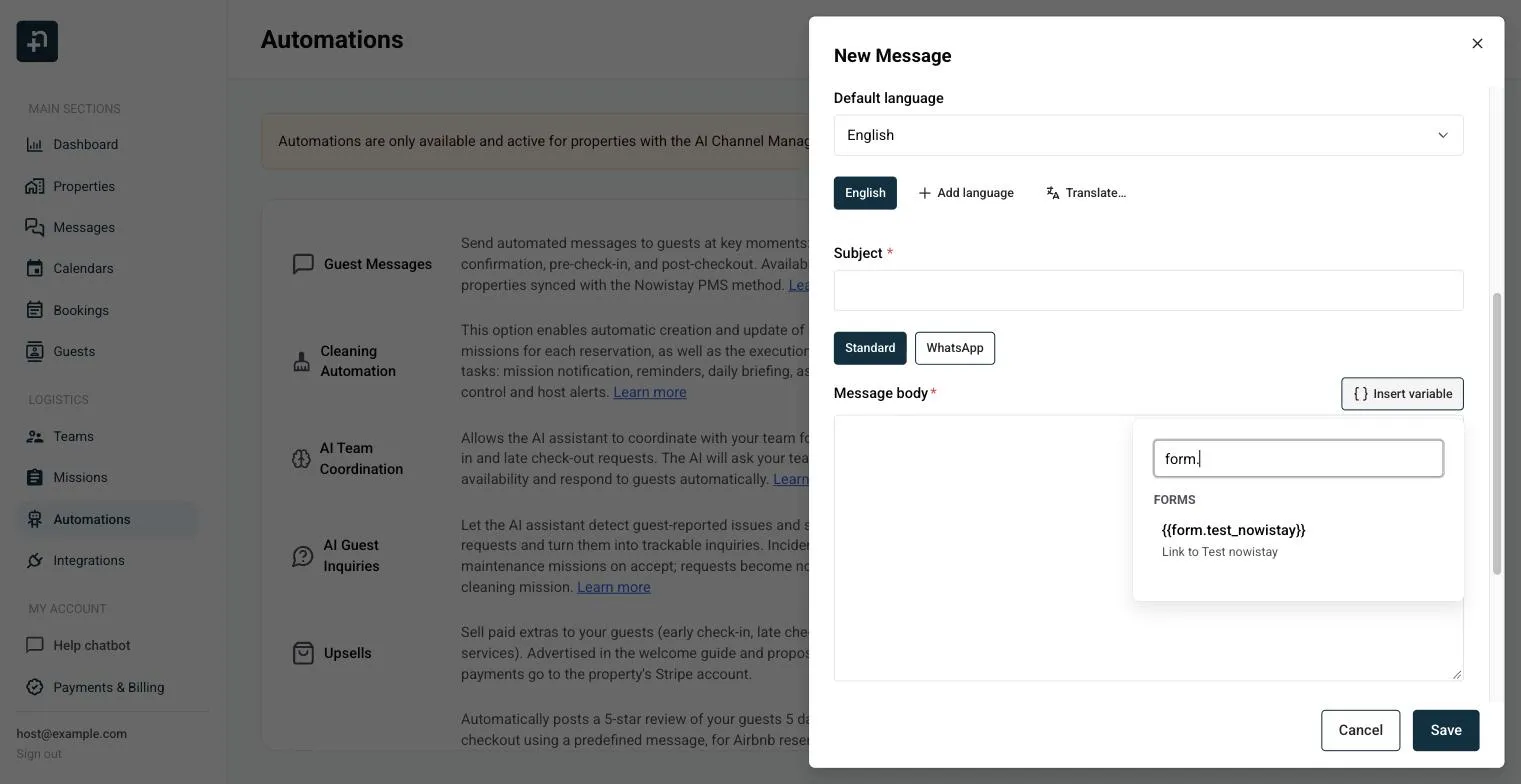 Seletor Inserir variável filtrado por form. com o grupo Formulários